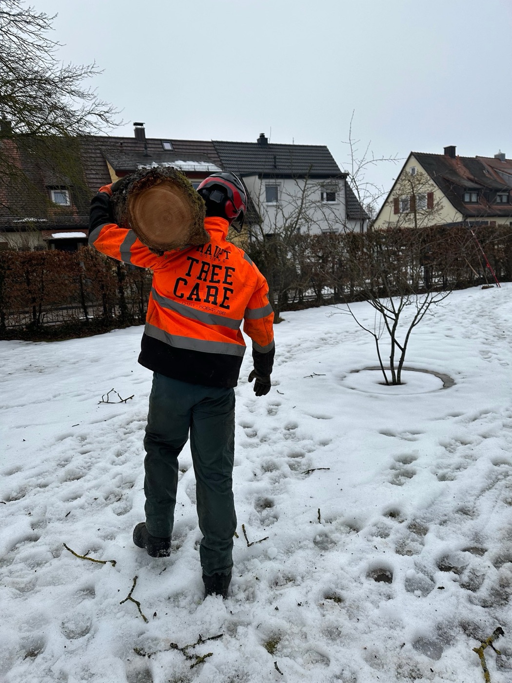 Mitarbeiter in oranger Jacke mit Aufschrift Tree Care trägt einen Holzstamm im Winter
